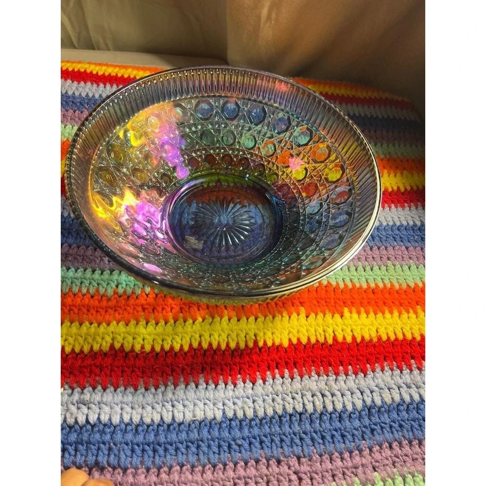 Vintage  Glass Blue Iridescent Carnival Glass Button and Cane  Salad Bowl